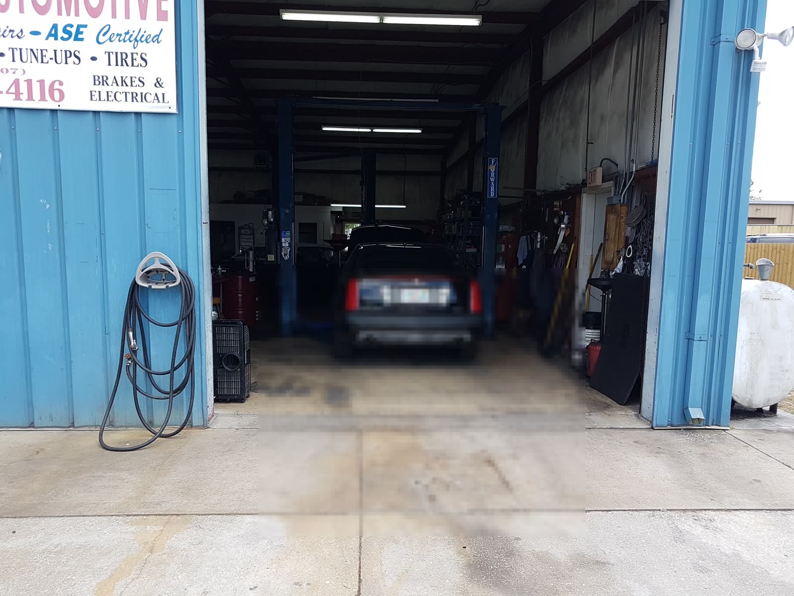 Looking into an open service bay